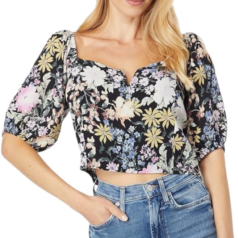 Saltwater Luxe Lenny Multi Floral Oasis Puff Sleeve Off Shoulder Crop Top - M - Picture 1 of 16